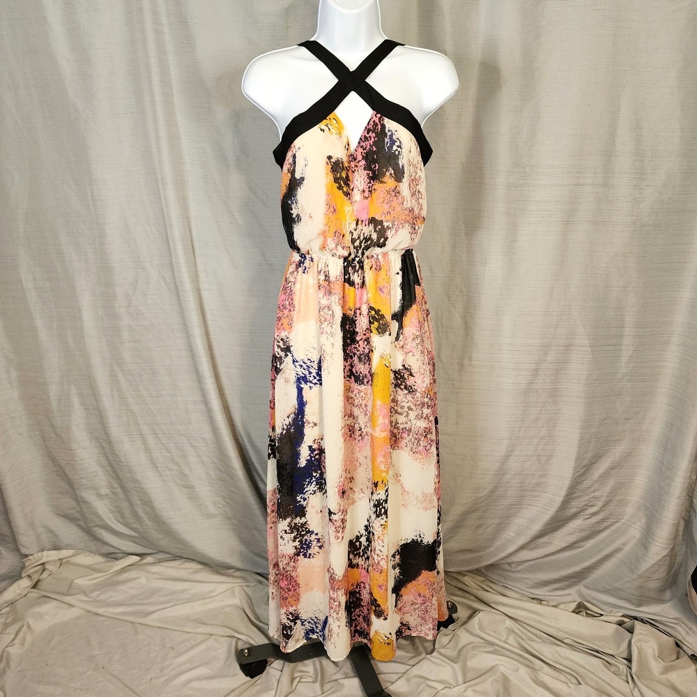 BAR III Size Small Flowy Chiffon Splatter Paint Black Trim Halter Maxi Dress